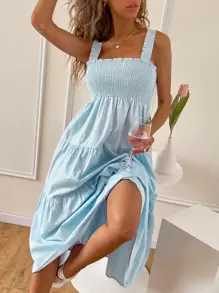 GENKIRA Vestido de tirantes fruncido unicolor - Celeste - Ver 4