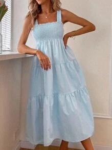 GENKIRA Vestido de tirantes fruncido unicolor - Celeste - Ver 5