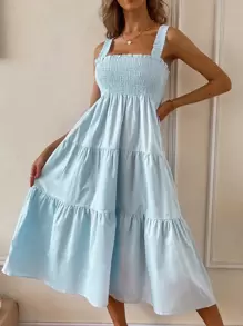 GENKIRA Vestido de tirantes fruncido unicolor - Celeste - Ver 7