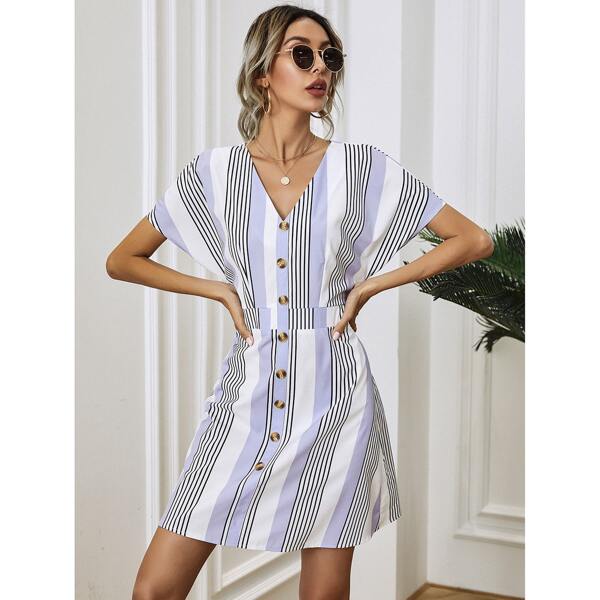 

Striped V Neck Button Front Dress, Multicolor