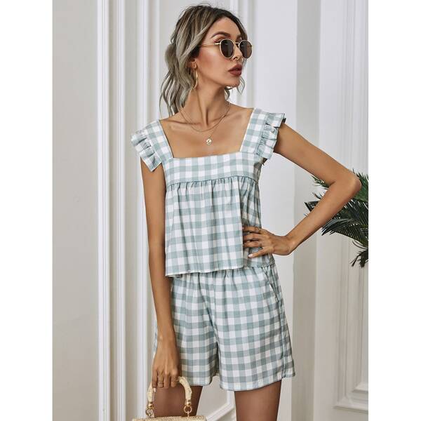 

Gingham Print Ruffle Trim Top With Shorts, Multicolor