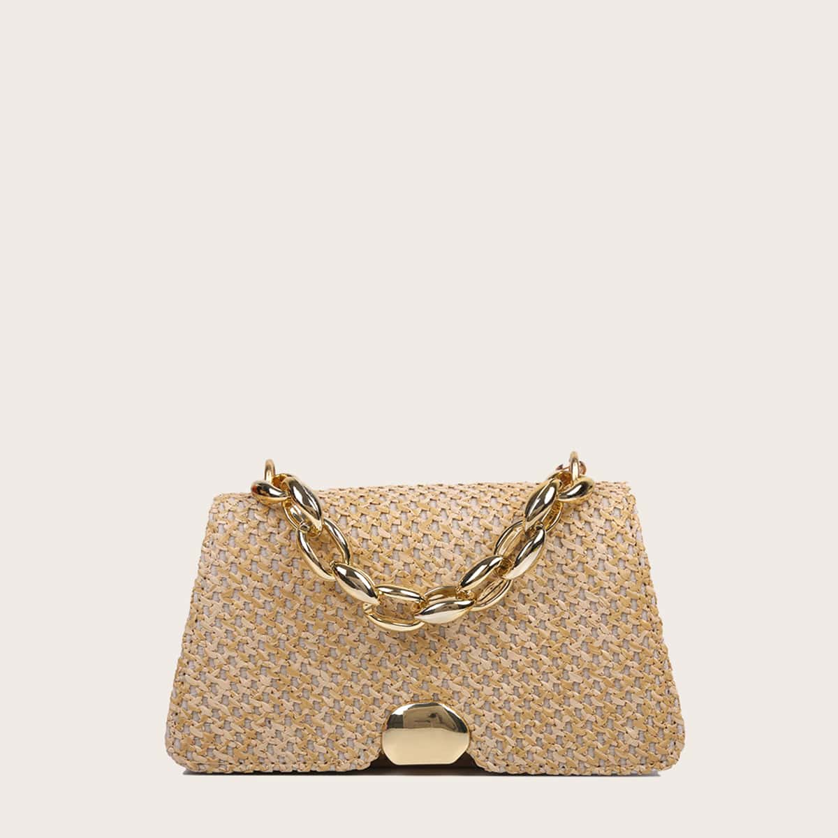 

Straw Chain Satchel Bag, Khaki