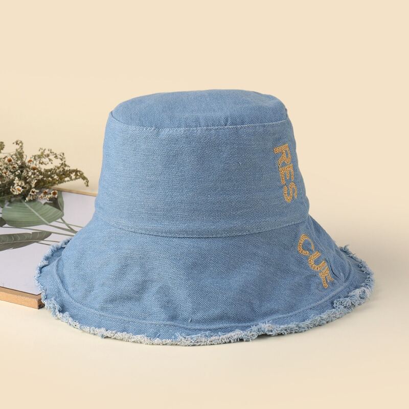 

Letter Raw Hem Bucket Hat, Blue
