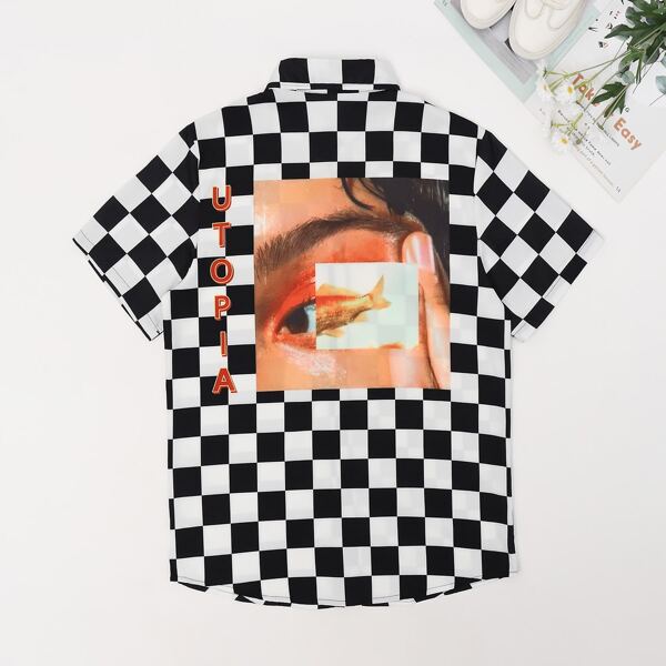 

Men Fish And Figure Graphic Checkerboard Shirt, Black and white