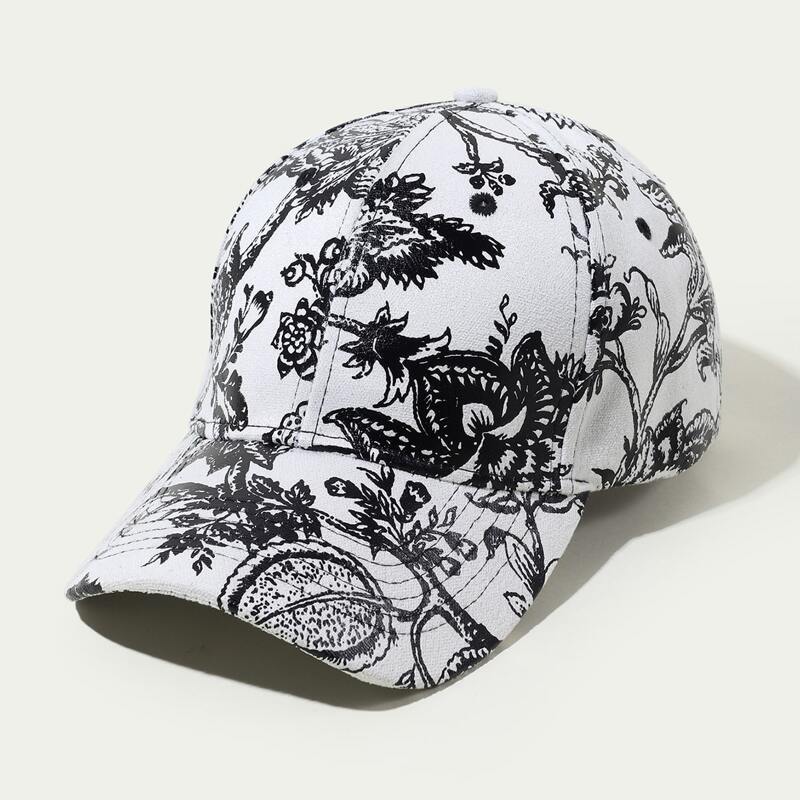 

Floral Print Baseball Cap, Black and white