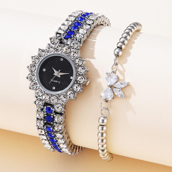 

1pc Rhinestone Decor Round Pointer Watch & 1pc Bracelet