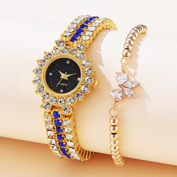 

1pc Rhinestone Decor Round Pointer Watch & 1pc Bracelet