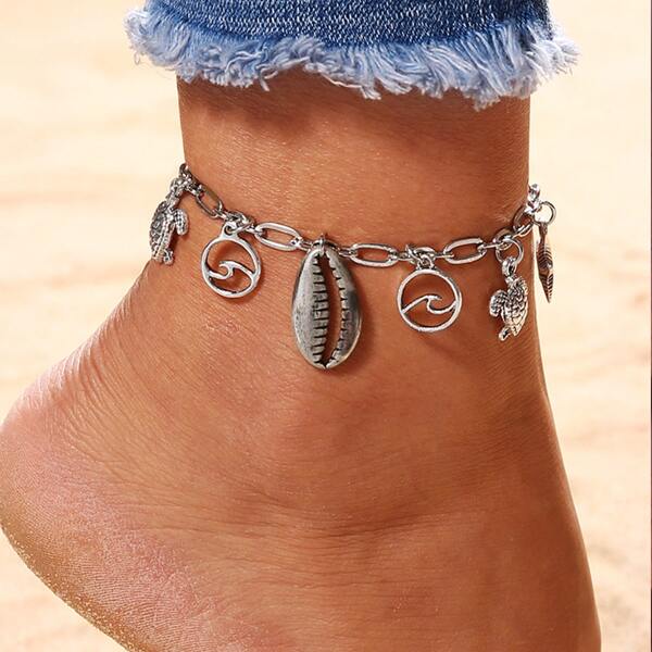 

Shell Charm Chain Anklet, Silver
