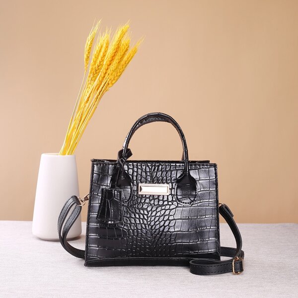 

Croc Embossed Satchel Bag, Black