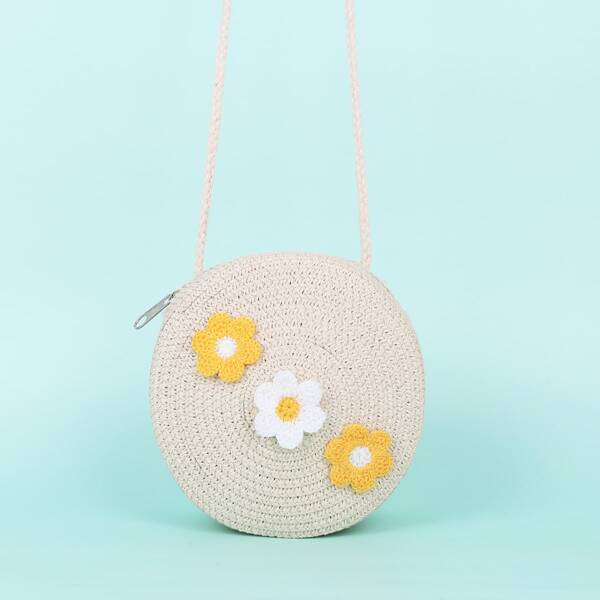 

Girls Flower Patch Straw Circle Bag, Beige