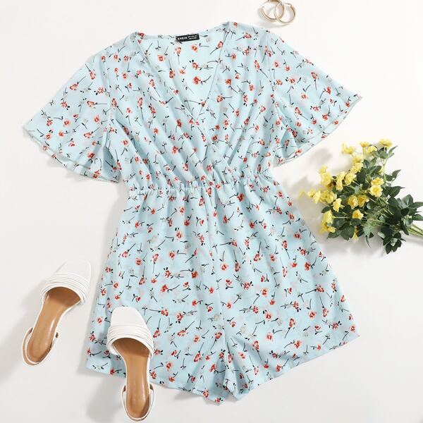 

Ditsy Floral Surplice Front Romper, Baby blue