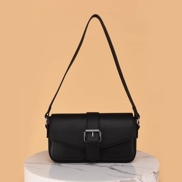 

Minimalist Buckle Decor Baguette Bag, Black