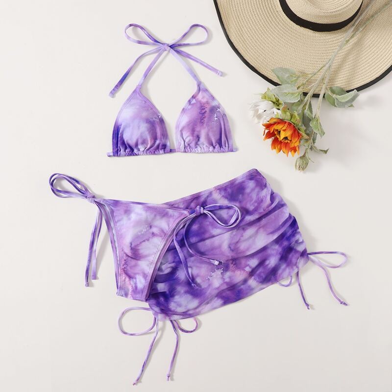 

3pack Tie Dye Bikini Swimsuit & Drawstring Beach Skirt, Purple