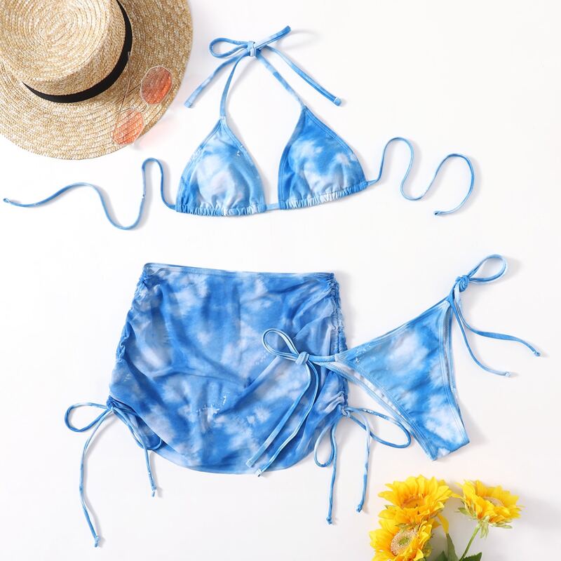 

3pack Tie Dye Bikini Swimsuit & Drawstring Beach Skirt, Blue