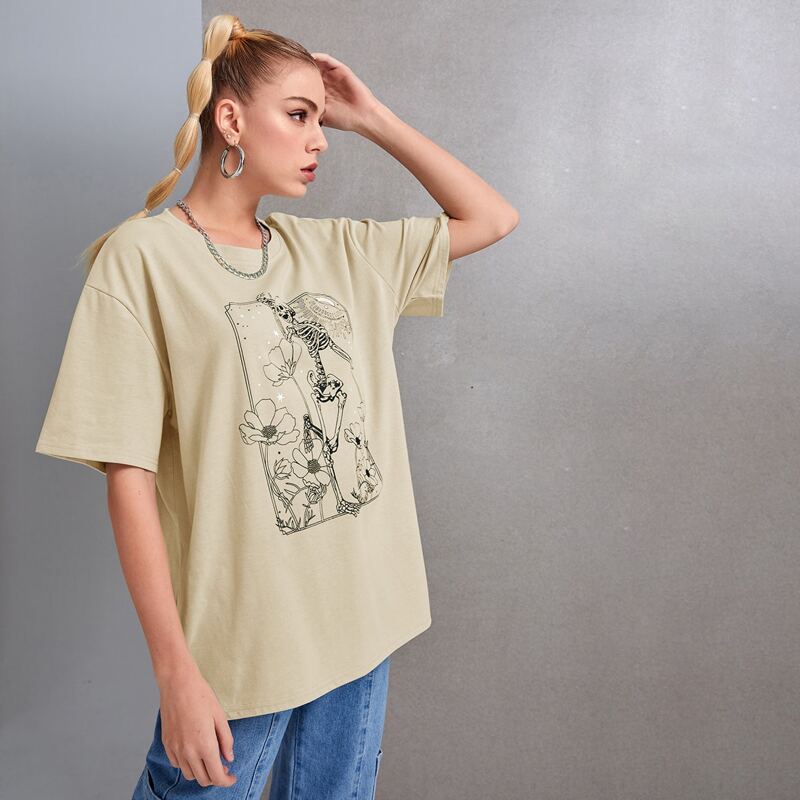 

Skull & Flower Graphic Oversized Tee, Khaki