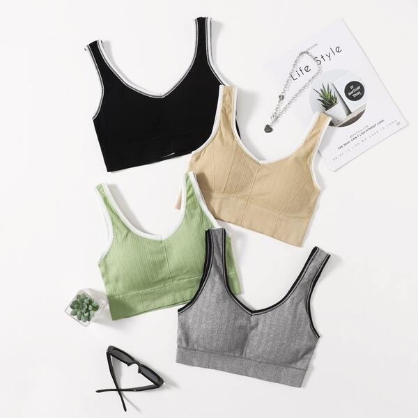 

4pcs High Support Contrast Binding Sports Bra, Multicolor