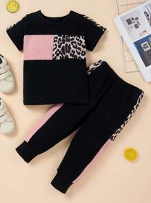 SHEIN Toddler Girls Leopard Panel Tee With Joggers - Black - View 1