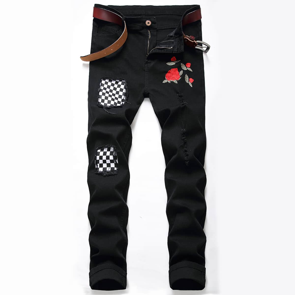 

Guys Rose Embroidery Plaid Jeans, Black