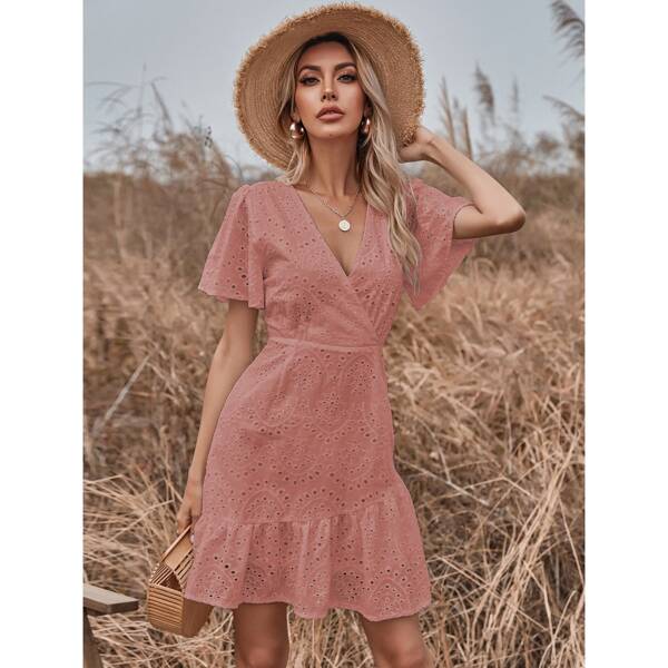 

Surplice Front Eyelet Embroidery A-line Dress, Dusty pink
