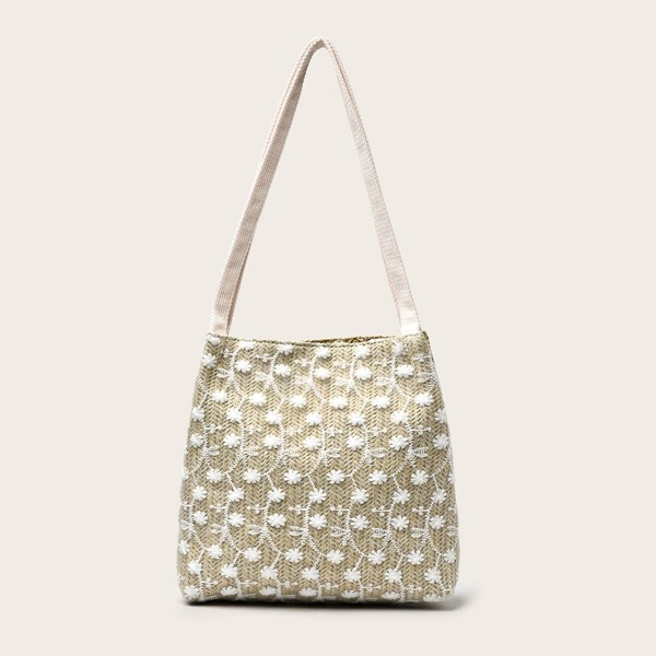 

Floral Pattern Straw Shoulder Bag, Khaki