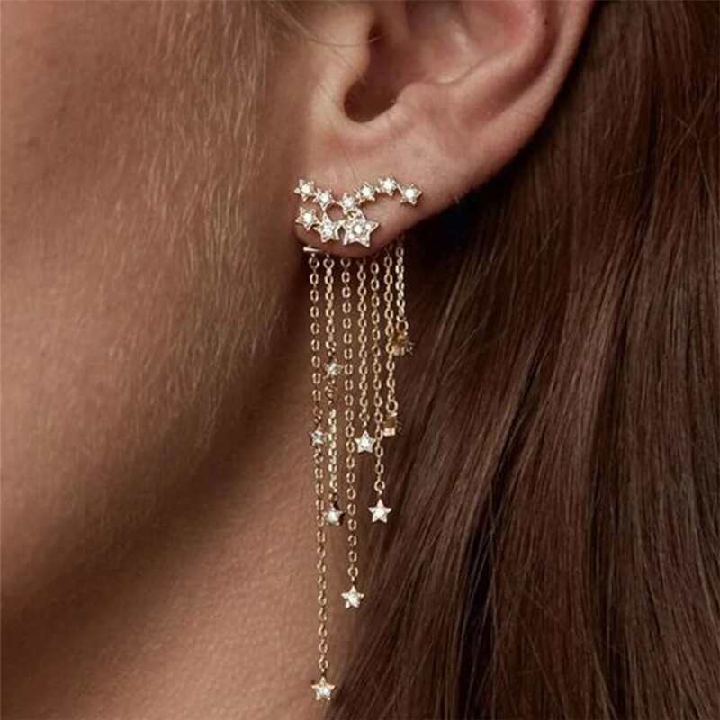 

1pair Star Rhinestone Earring Jacket, Gold