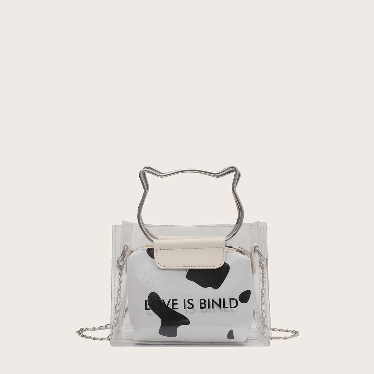 

Clear Satchel Bag With Cow Print Inner Pouch, White