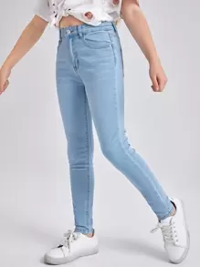 SHEIN 青少年女孩拉鍊緊身牛仔褲 - 淺色水洗藍 - 查看 4