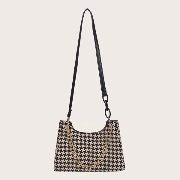 

Houndstooth Graphic Chain Shoulder Bag, Coffee brown