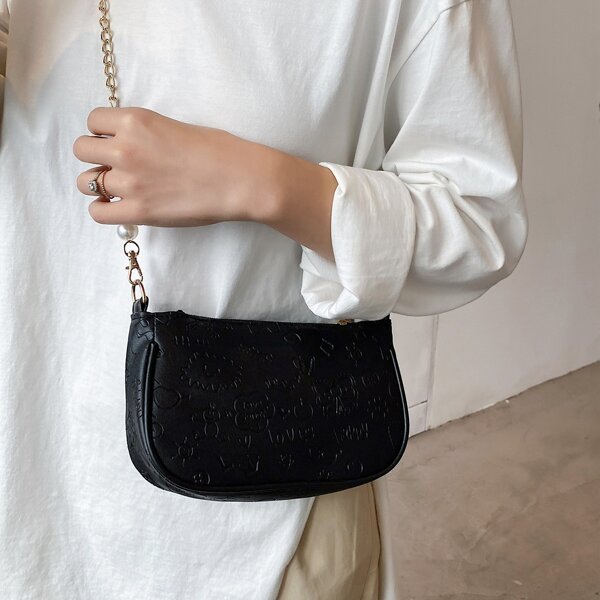 

Cartoon Embossed Chain Crossbody Bag, Black