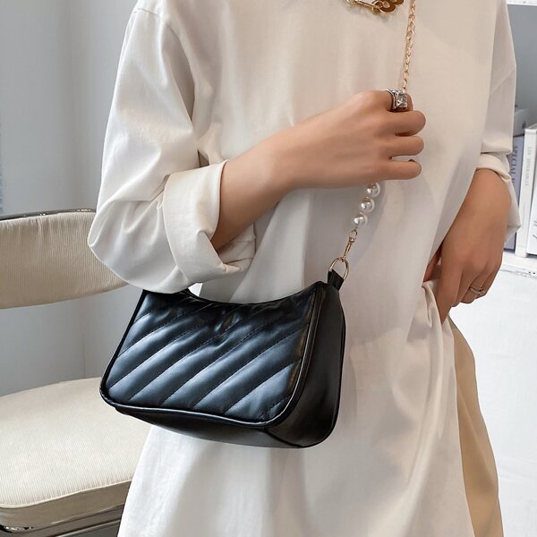 

Stitch Detail Chain Crossbody Bag, Black