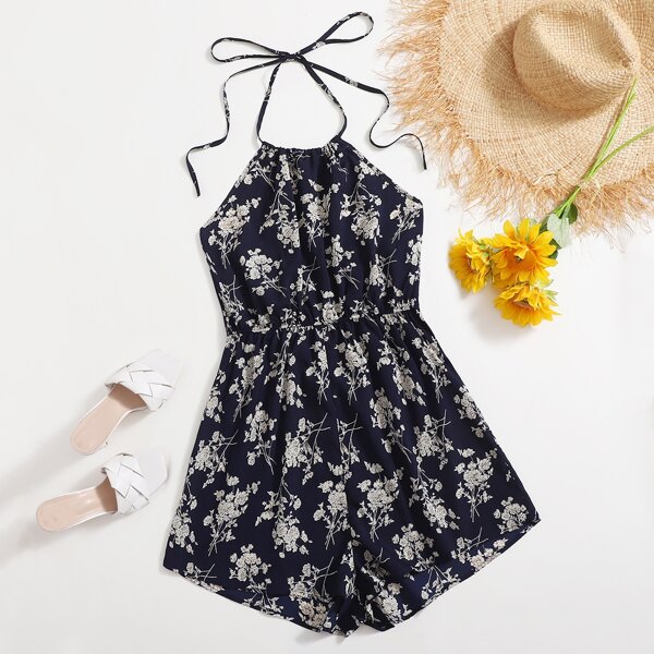 

Plus Floral Print Tie Back Halter Romper, Multicolor