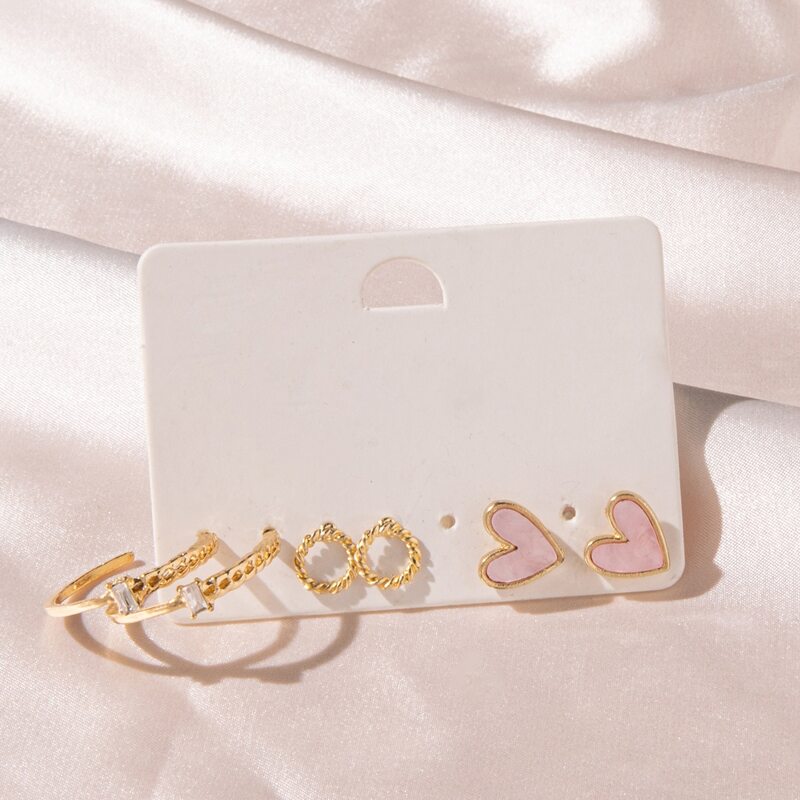 

3pairs Heart Ring Earrings Set, Gold