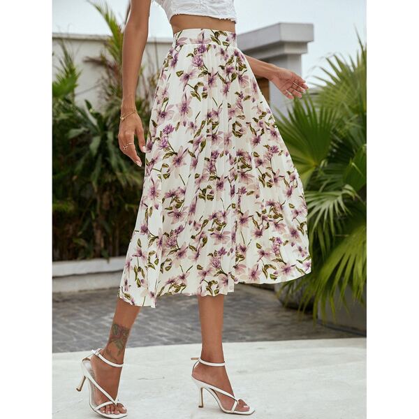 

Allover Floral Print Pleated Skirt, Multicolor