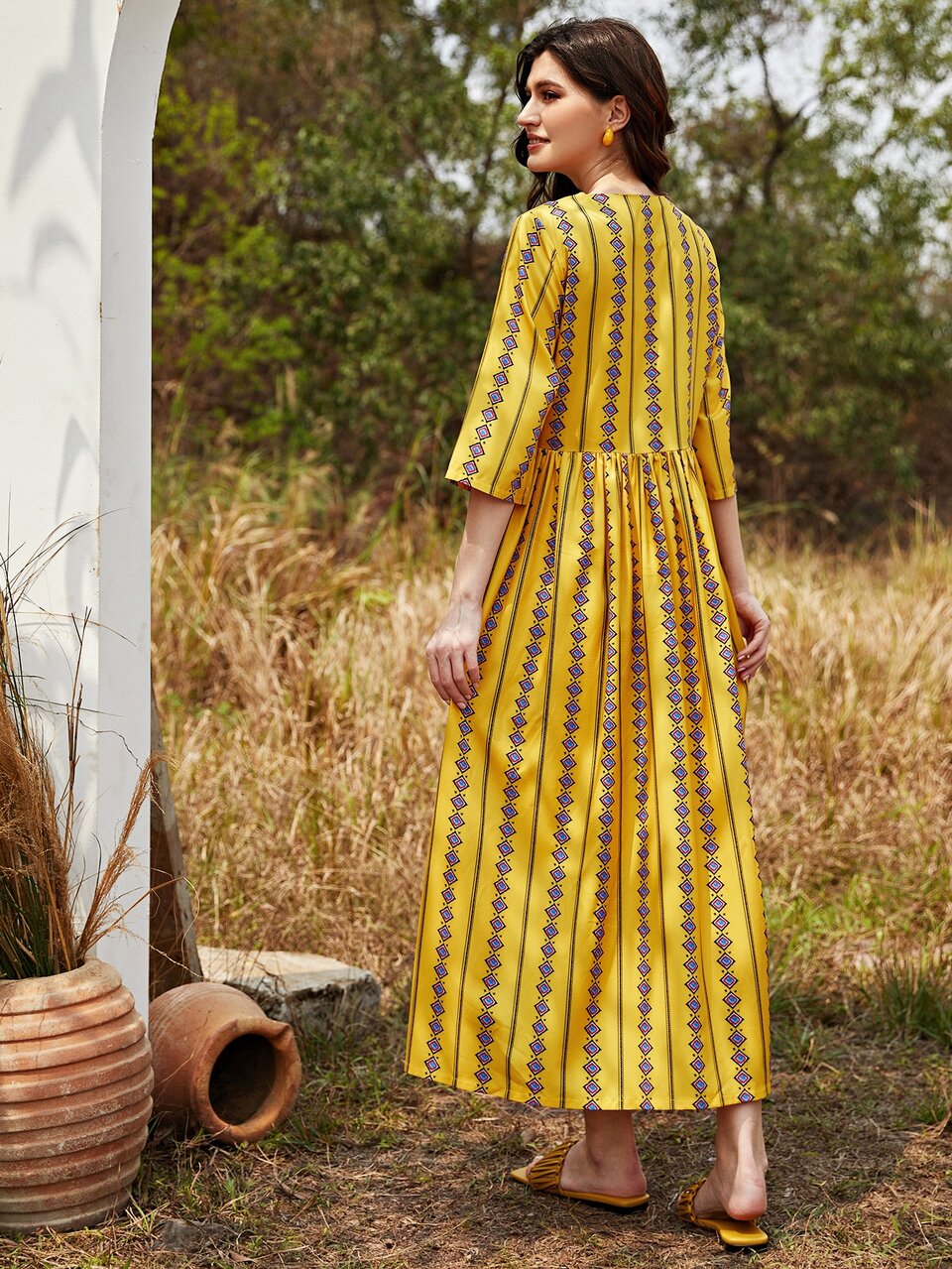 Notch Neck Argyle Print Smock Dress