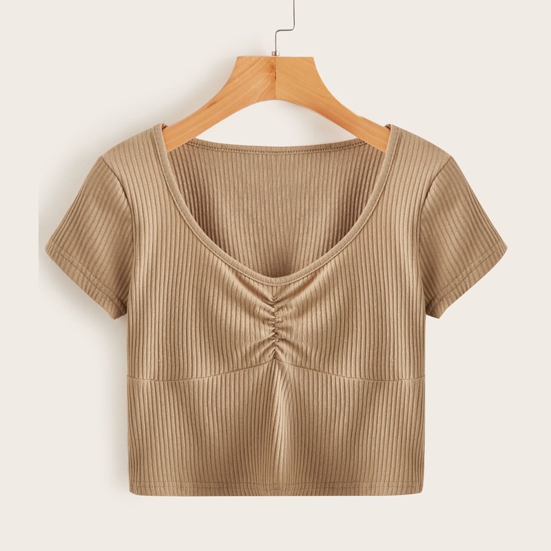 

Solid Ruched Ribbed Tee, Mocha brown