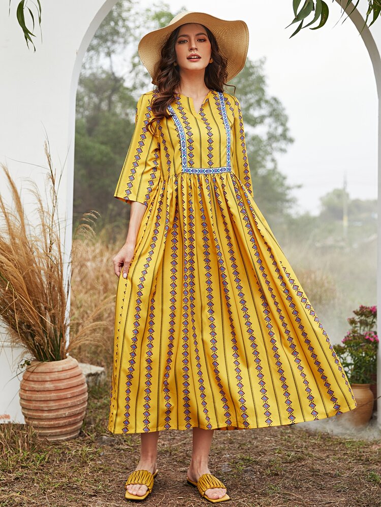 Notch Neck Argyle Print Smock Dress