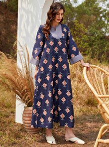 Al Najma Geo Print Notch Neck Tunic Dress - Navy Blue - View 3