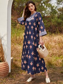 Al Najma Geo Print Notch Neck Tunic Dress - Navy Blue - View 4