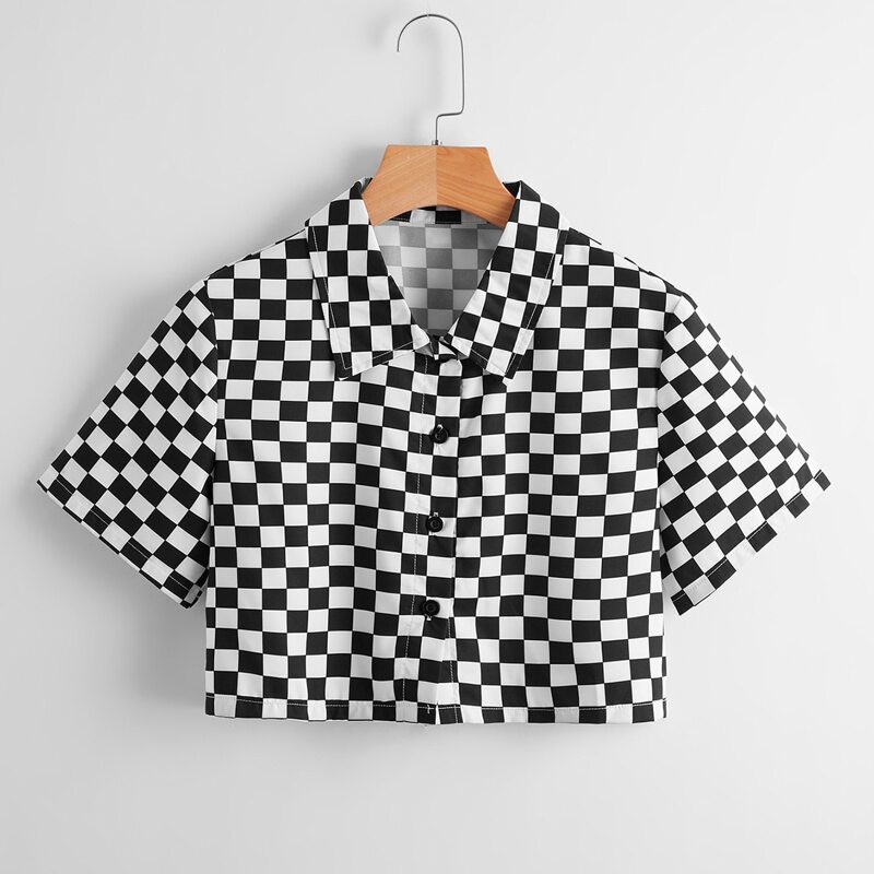 

Checkerboard Button Front Blouse, Black and white