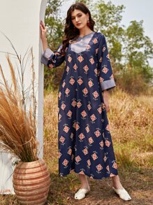 Al Najma Geo Print Notch Neck Tunic Dress - Navy Blue - View 6