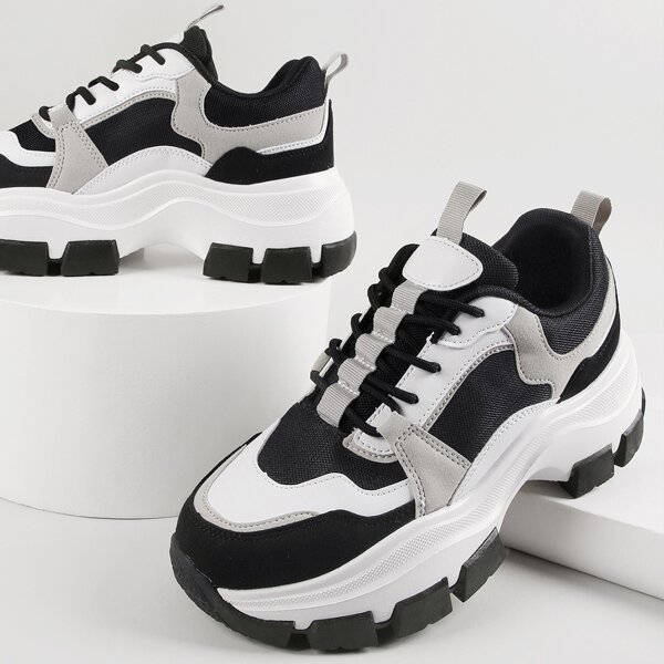 

Faux Leather Mesh Lace-Up Chunky Trainers, Multicolor