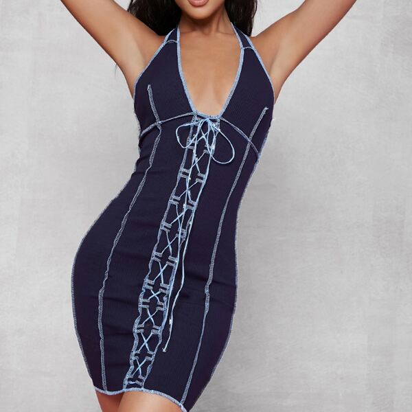 

Ribbed Lace-Up Contrast Stitch Bodycon Dress, Navy blue