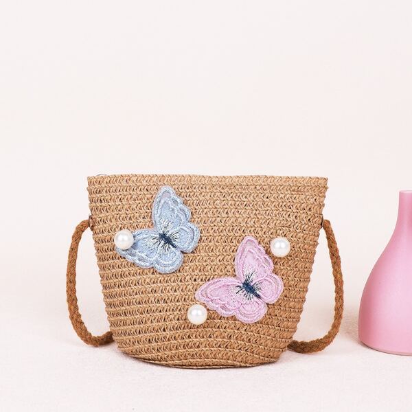 

Girls Butterfly Patch Straw Bucket Bag, Coffee brown