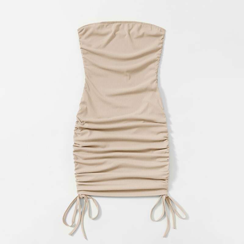 

Solid Drawstring Side Ruched Dress, Beige
