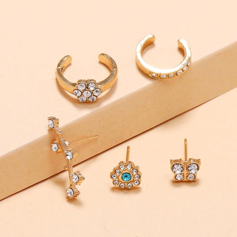 

5pcs Butterfly & Heart Earrings, Gold