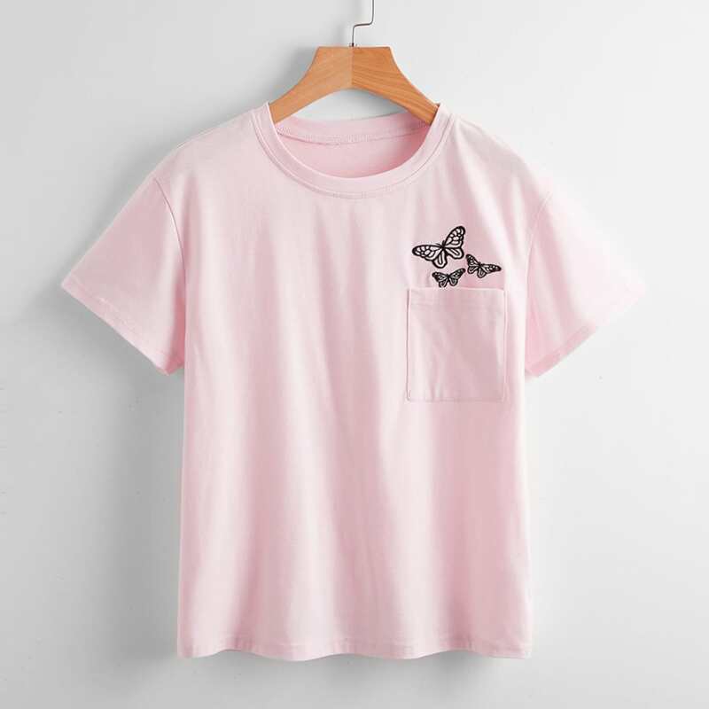 

Butterfly Embroidery Pocket Tee, Baby pink