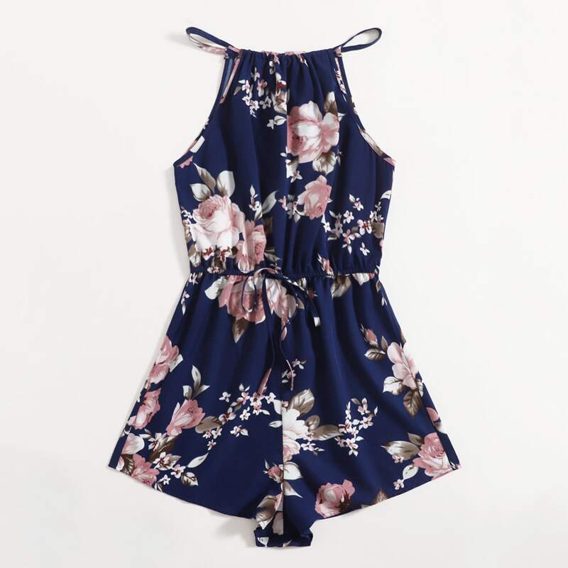 

Floral Halter Romper, Navy blue