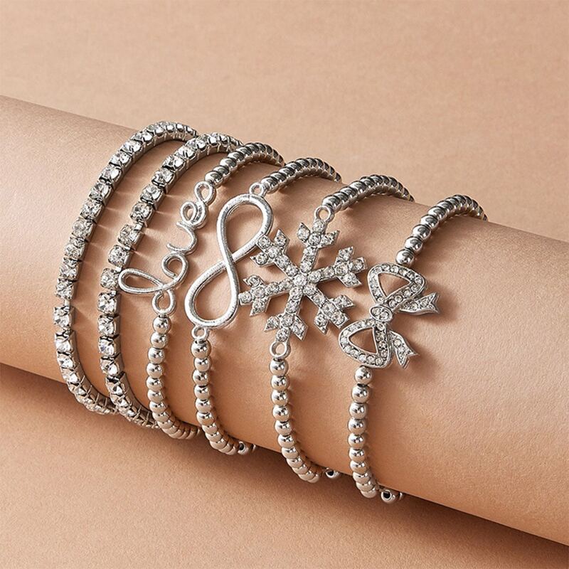 

6pcs Bow & Snowflake Rhinestone Bracelet, Silver