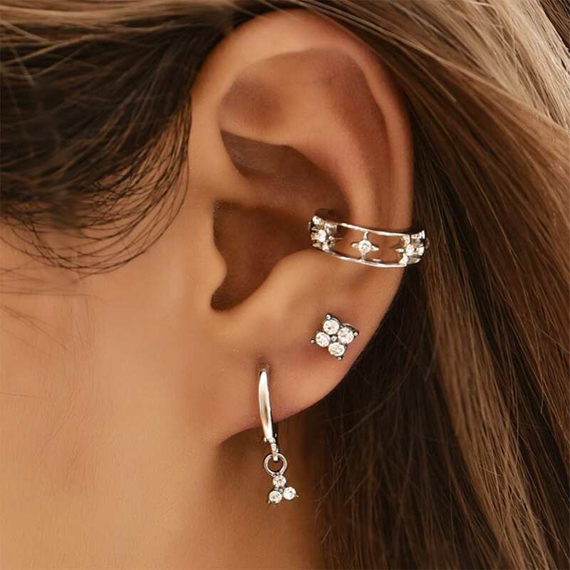 

4pcs Ring Decor Rhinestone Earrings, Silver