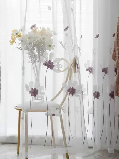 1 件时尚刺绣薄纱窗帘，带杆袋